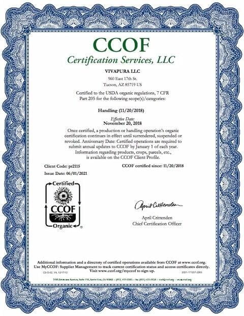 Vivapura Superfood CCOP Certifcation for USDA Proudcts